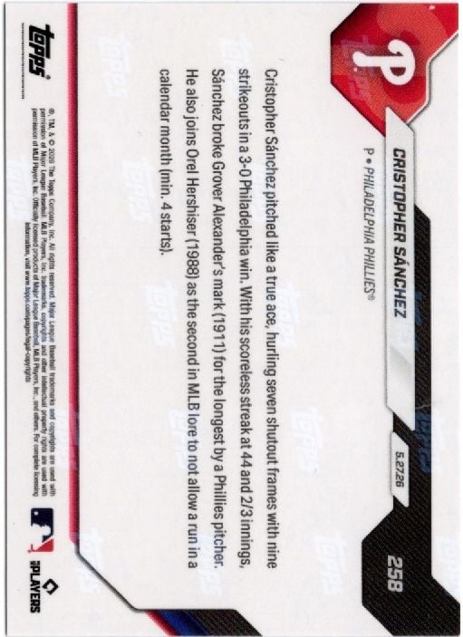 Reverse side of black foil baseball card showing white text on light background with red and dark design elements and card number 258.