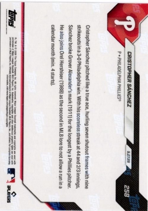 Reverse side of baseball card showing text description of Cristopher Sanchez's scoreless innings streak record against red, white, and black background.
