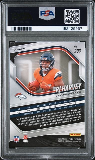 PSA-graded 2025 Panini Prizm RJ Harvey rookie card #303 showing front design with orange Broncos uniform and statistics on white background.