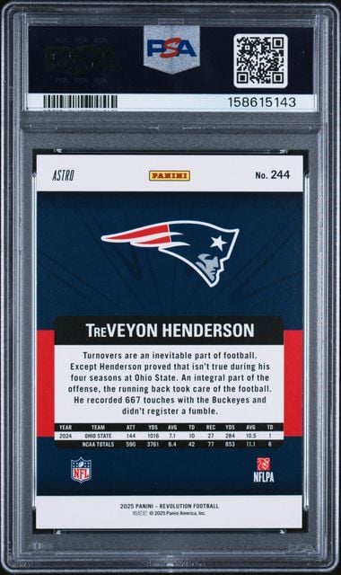 PSA-graded football card in clear plastic case displaying TreVeyon Henderson Patriots rookie card front with navy blue background and red accents.