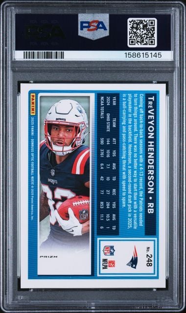 PSA-graded rookie football card featuring TreVeyon Henderson in New England Patriots uniform, displayed front-facing in protective case.