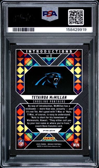 Front view of graded PSA 10 Panini Mosaic rookie card featuring Tetairoa McMillan with Carolina Panthers logo and colorful mosaic border design.