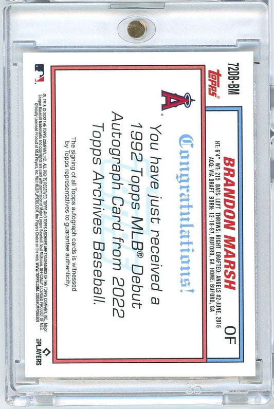 Reverse side of baseball card showing text and authentication details for Brandon Marsh rookie card against white background.