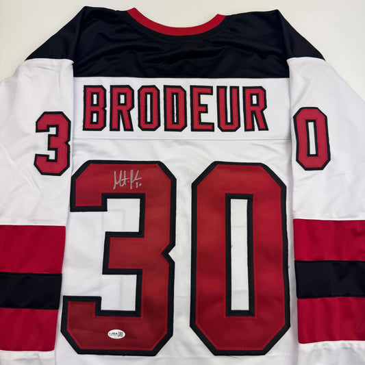 Autographed/Signed Martin Brodeur New Jersey NJ White Hockey Jersey Beckett BAS COA