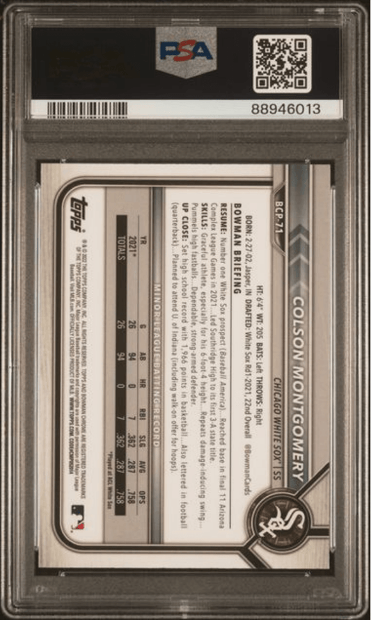 Graded 2022 Topps Bowman Mega Box Colson Montgomery #71 Chrome Rookie RC Baseball Card PSA 10 Gem Mint