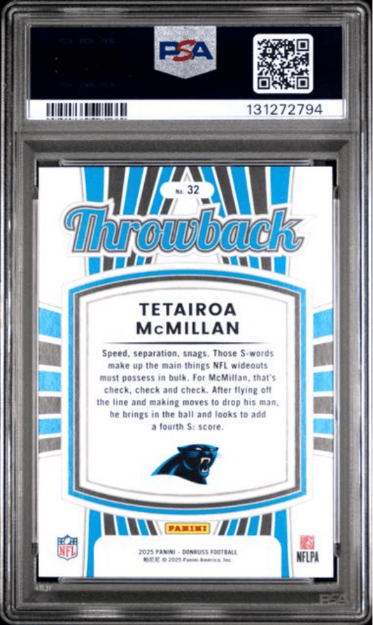 Graded 2025 Panini Donruss Tetairoa McMillan #32 Rated Rookies Throwback Rookie RC Football Card PSA 10 Gem Mint