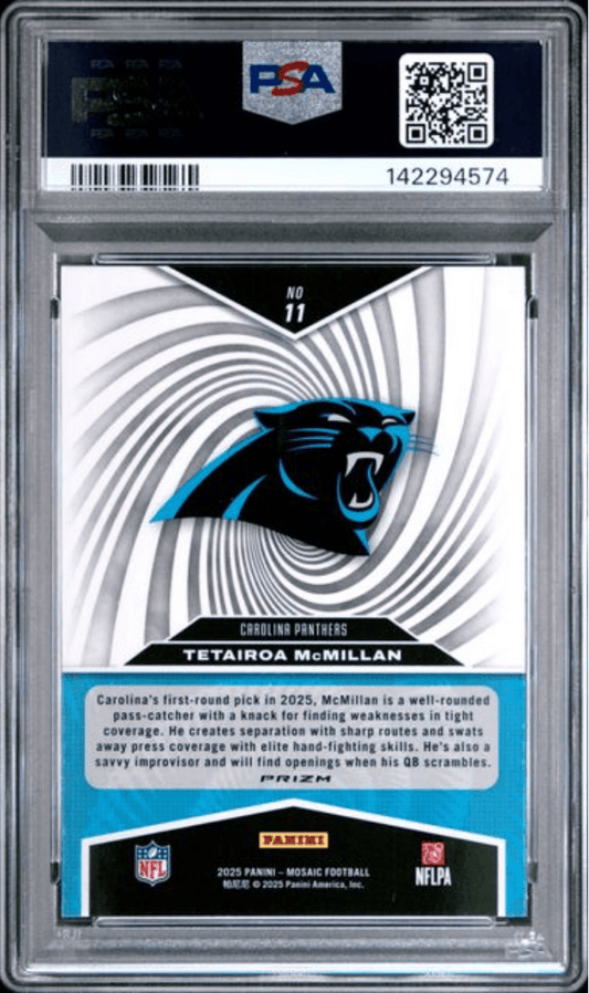 Graded 2025 Panini Mosaic Tetairoa McMillan #11 Storm Mosaic Rookie RC Football Card PSA 10 Gem Mint