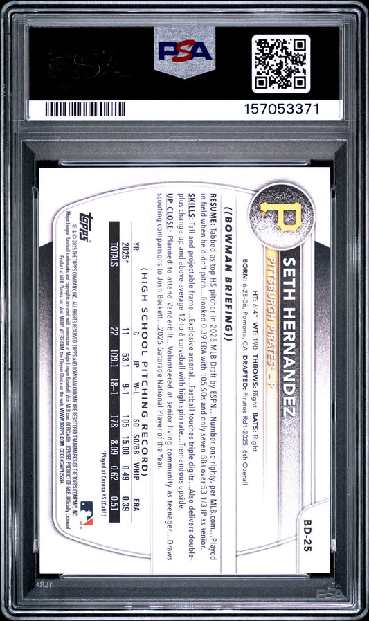 Graded 2025 Topps Bowman Draft Seth Hernandez #BD25 Rookie RC Baseball Card PSA 10 Gem Mint
