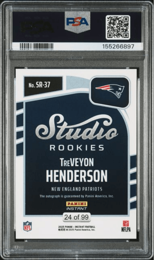 Graded 2025 Panini Instant Treveyon Henderson #SR37 Studio Rookies Auto /99 Rookie RC Football Card Authentic Auto PSA 10 Gem Mint