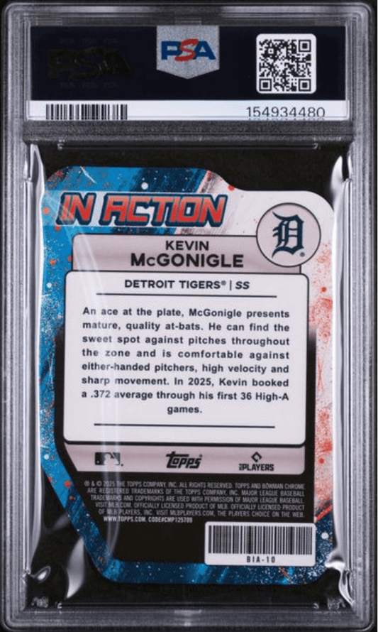 Graded 2025 Topps Bowman Draft Kevin McGonigle #BIA10 Bowman In Action Mini Diamond /150 Rookie RC Baseball Card PSA 10 Gem Mint