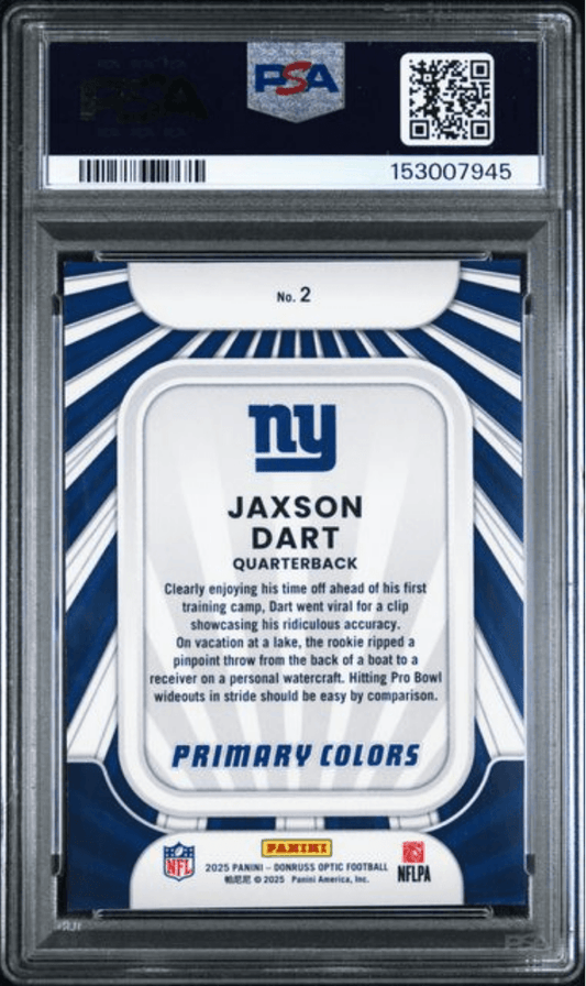 Graded 2025 Panini Donruss Optic Jaxson Dart #2 Rookie Primary Colors Rookie RC Football Card PSA 10 Gem Mint
