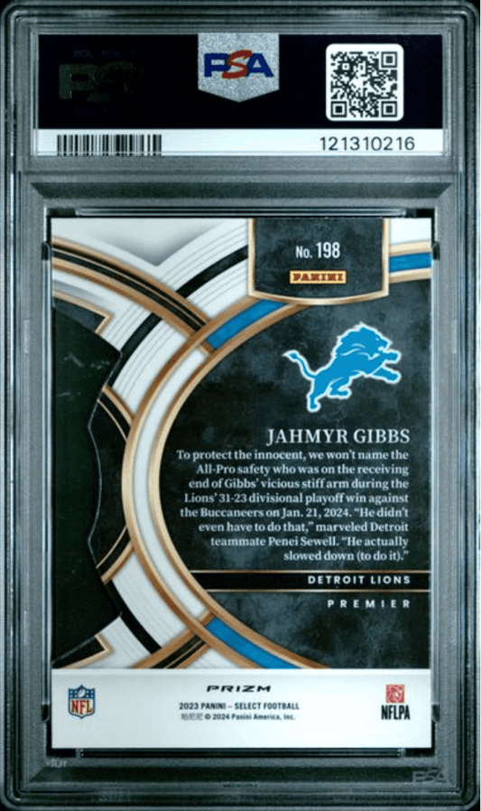Graded 2023 Panini Select Jahmyr Gibbs #198 Die Cut Green & Yellow Prizm Rookie RC Football Card PSA 10 Gem Mint