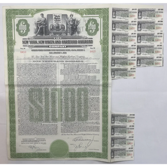 1953 New York Haven And Hartford Railroad Gold Bond Certificate W/coupons Collectibles Vintage and Antique Gifts Home