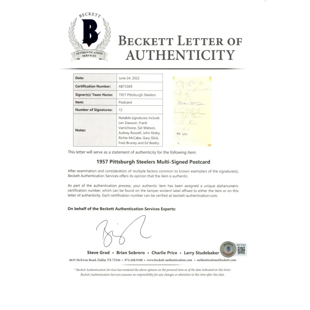 1957 Pittsburgh Steelers team signed postcard with Len Dawson and Beckett