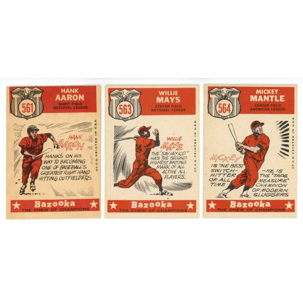 Vintage baseball trading cards featuring Mickey Mantle Willie Mays and Hank Aaron
