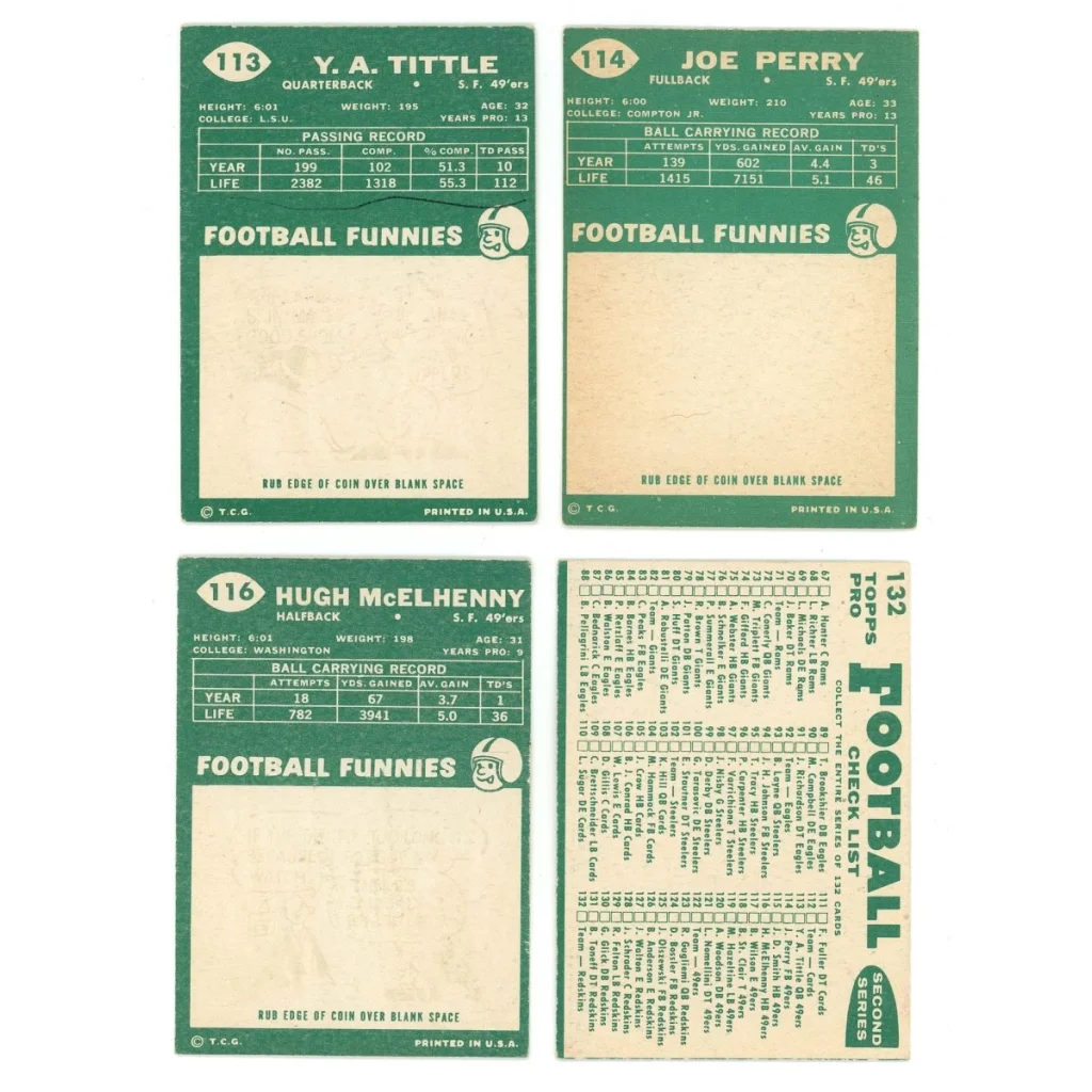 Vintage football trading cards from the 1960 Topps Football Complete Set Break Box