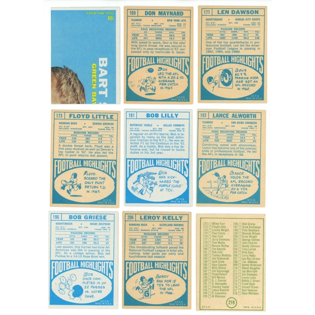 Vintage football trading cards sheet from 1968 Topps Football Complete Set Break