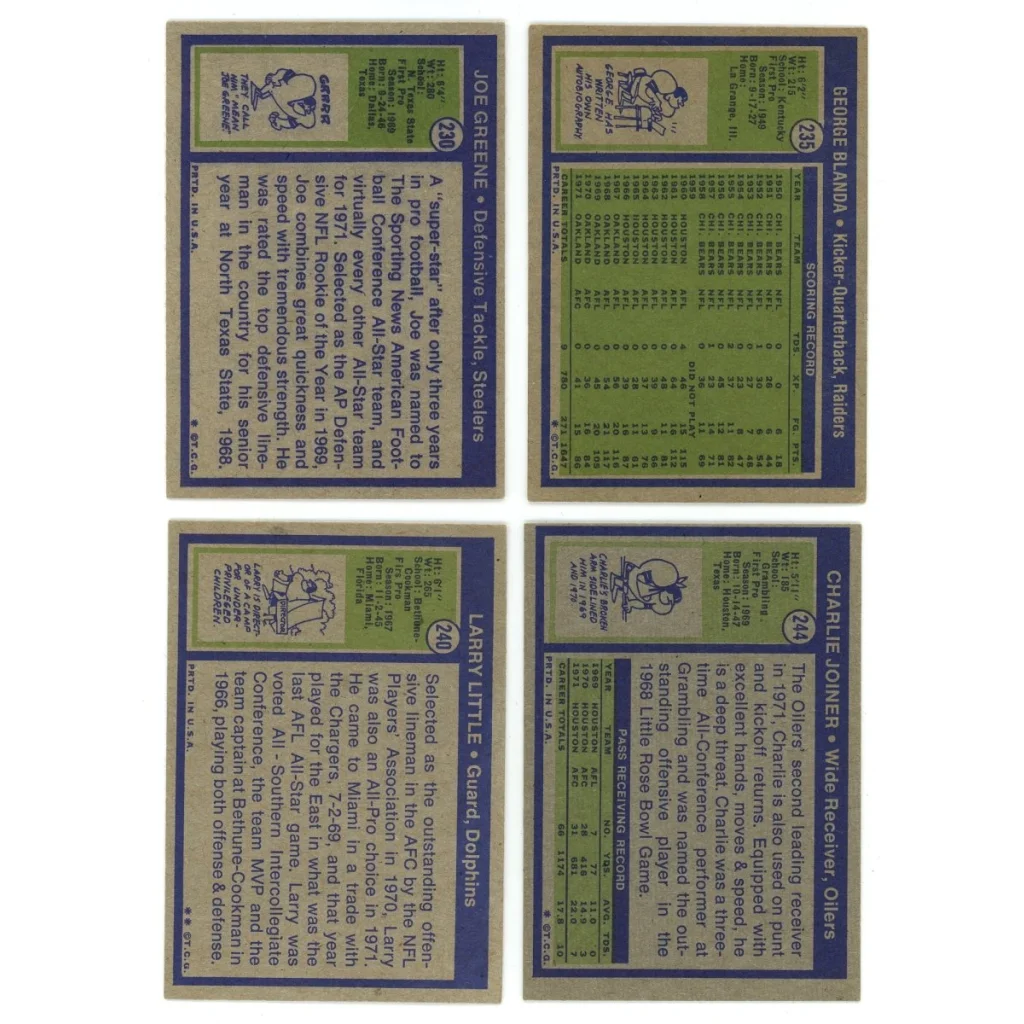Vintage football trading cards from the 1972 Topps Football Low Number Set Break box