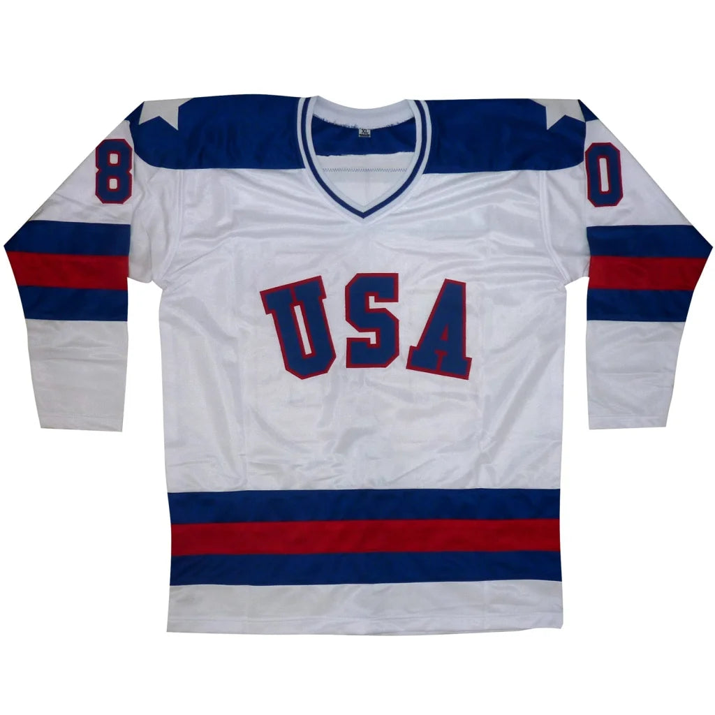 White 1980 Olympic Hockey Team autographed jersey with USA logo, number 80