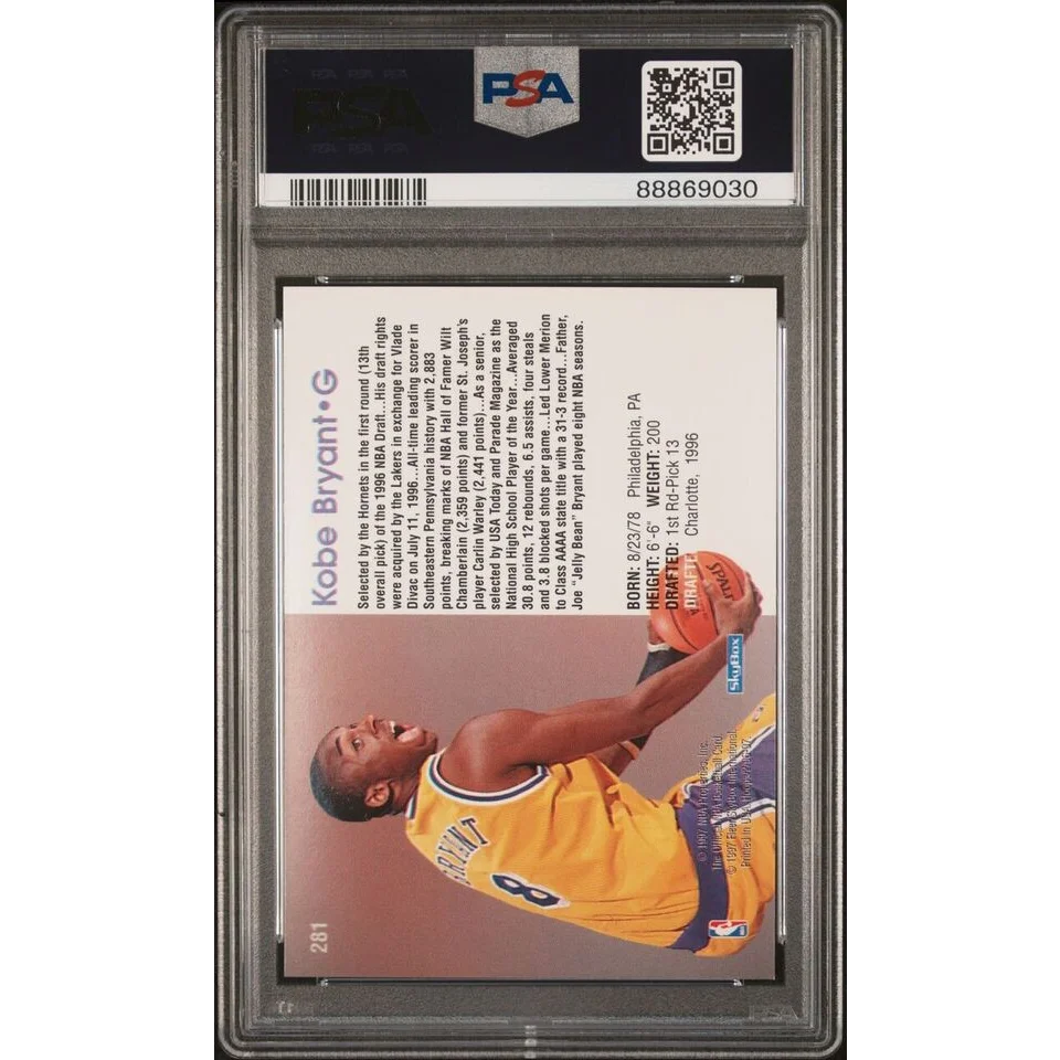 Kobe Bryant 1996 Hoops Rookie Card with player in yellow and purple jersey