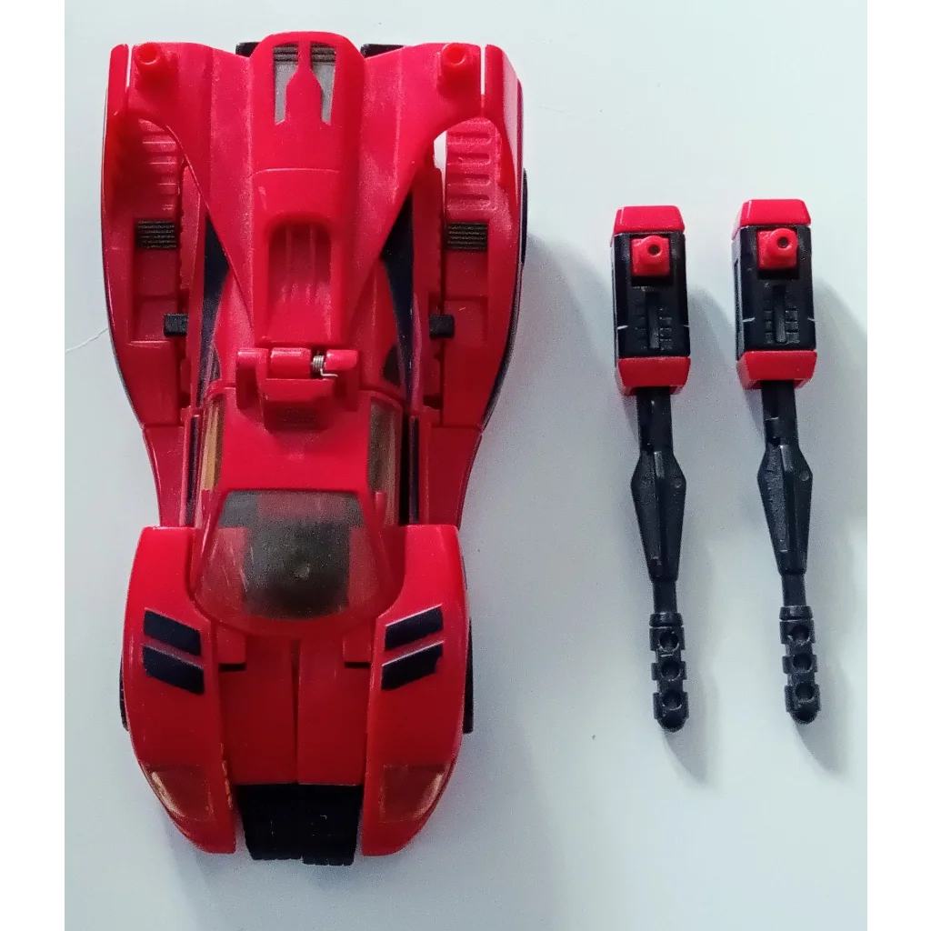Red and black Transformers action figure toy car with wings, 2004 Autobot Swerve