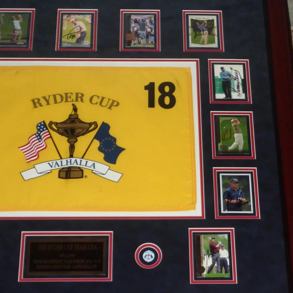 Yellow Ryder Cup flag with gold emblem, Team USA crossed flags, number 18