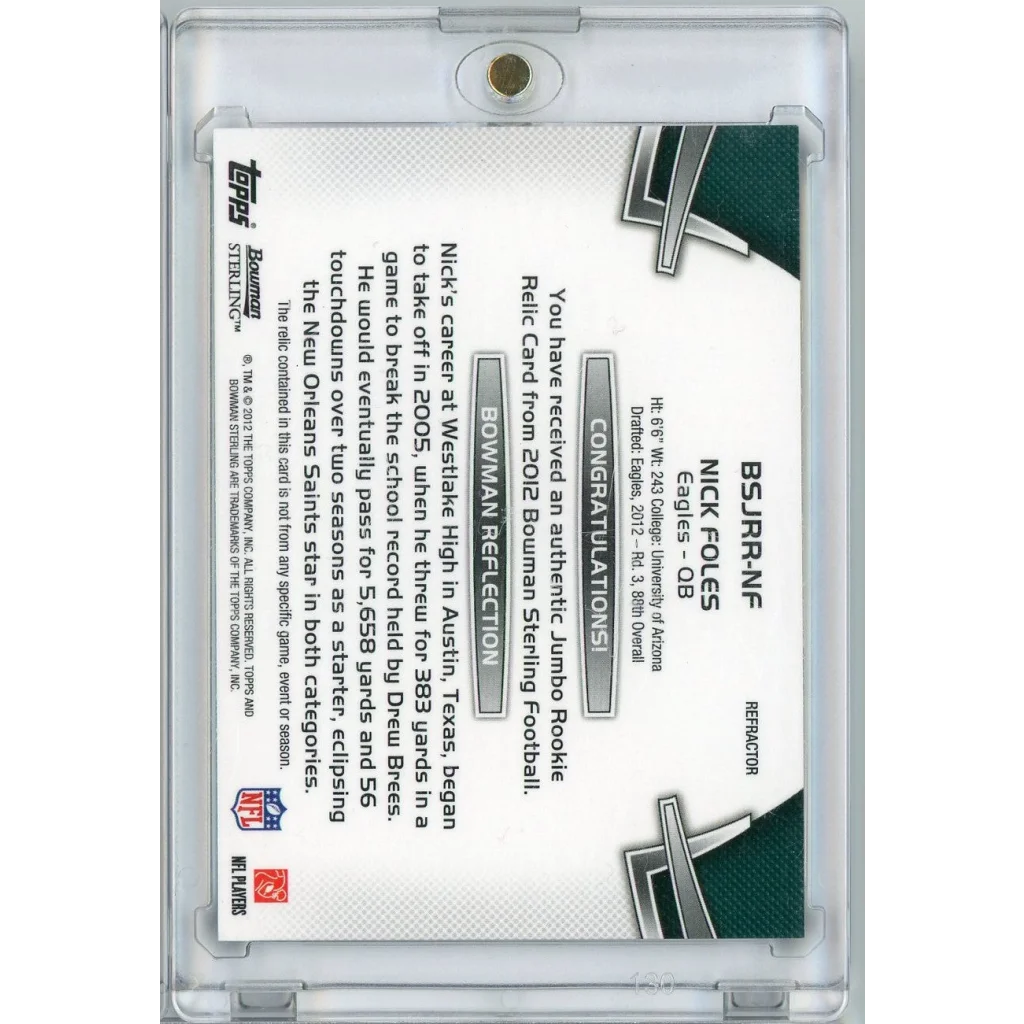 2012 Bowman Sterling Blue Refractor Nick Foles #BSJRRNF /99 Player Worn Relic Patch Rookie RC Football Card | Limited Edition /99 Player Worn Relic Patch Rookie Football Card | vintageantiquesgifts.com