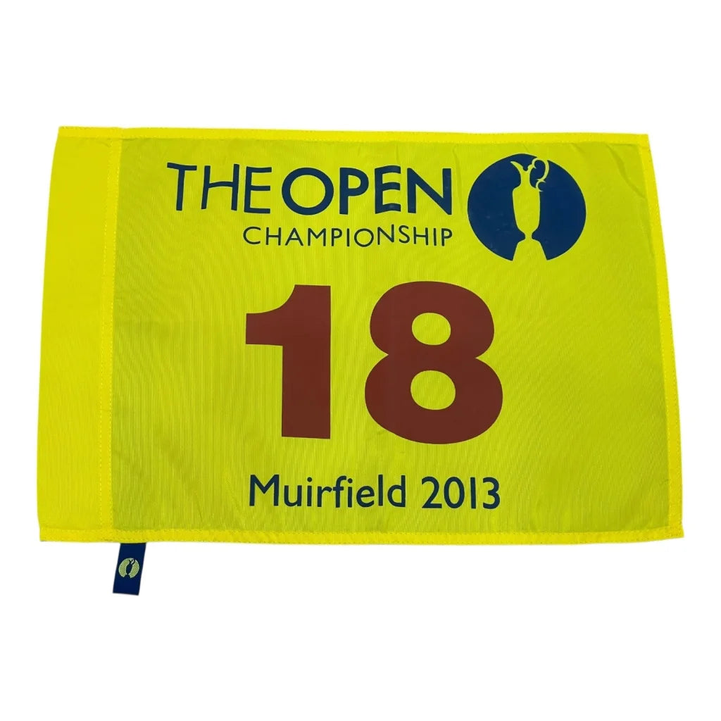 Bright yellow 2013 british open muirfield golf pin flag with bold red 18 and blue claret jug logo for collectors