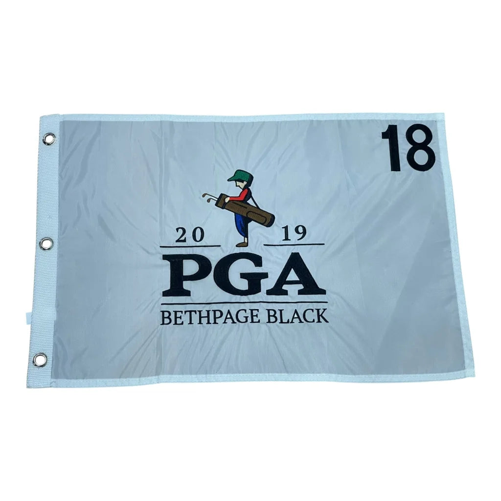 Light gray PGA Championship pin flag with cartoon golfer, 18, Bethpage Black