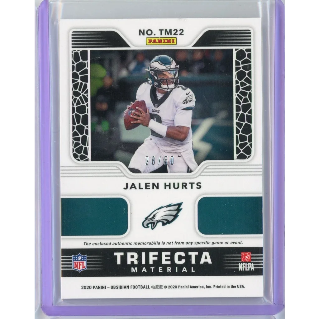2020 Panini Obsidian Jalen Hurts Rookie Patch Relic Card #TM22 /50