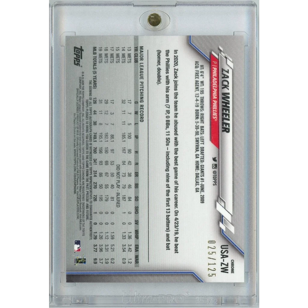 2020 Topps Chrome Zack Wheeler USAZW 125 Xfractor Auto Philadelphia Phillies Baseball Card | Autograph Baseball Trading Card | vintageantiquesgifts.com