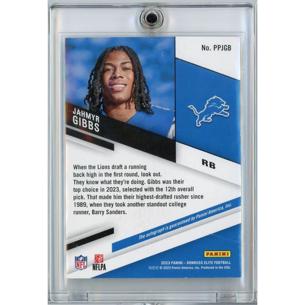 2023 Panini Donruss Elite Pen Pals Black Gold Ink Jahmyr Gibbs #PPJGB Autograph Rookie RC Football Card | Certified Authentic Signed Memorabilia | vintageantiquesgifts.com