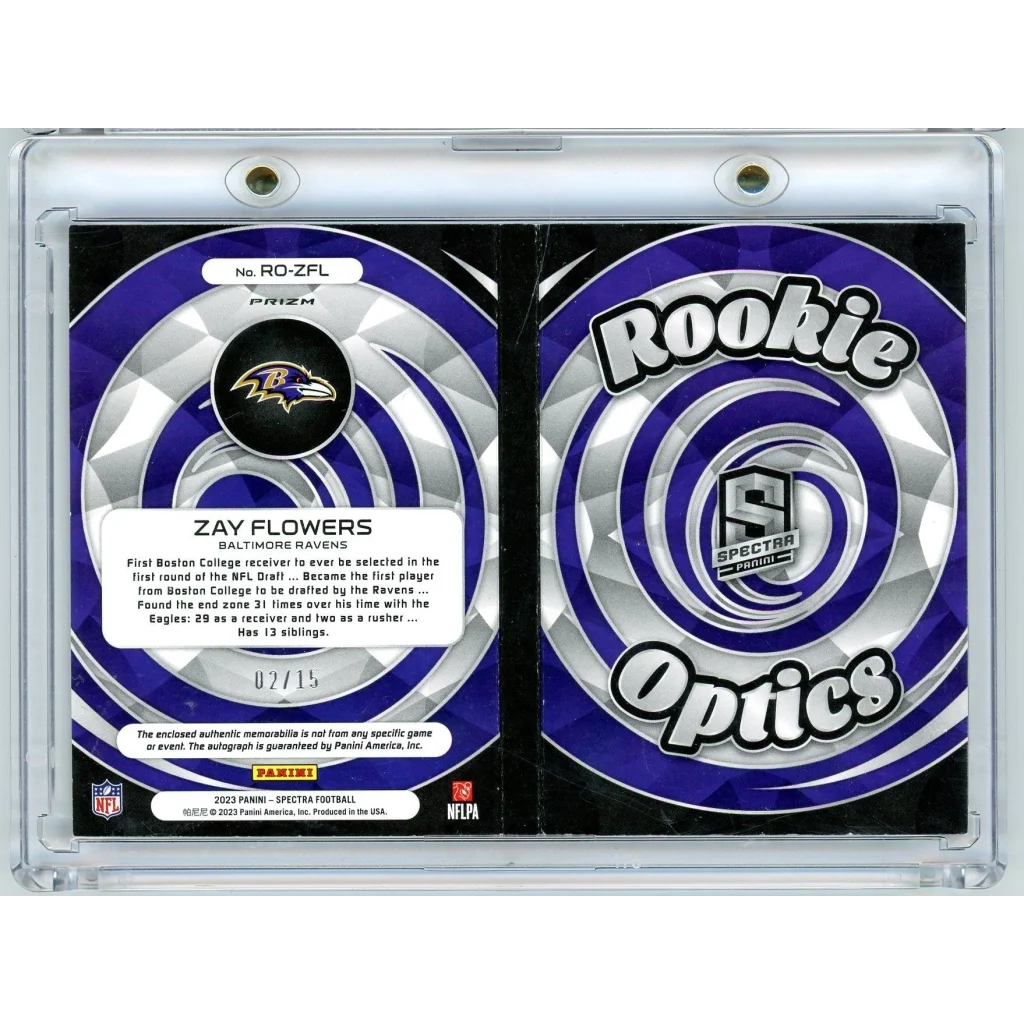 2023 Panini Spectra Rookie Optics Zay Flowers #ROZFL /15 Booklet Auto Rookie RC Football Card | Certified Authentic Signed Memorabilia | vintageantiquesgifts.com