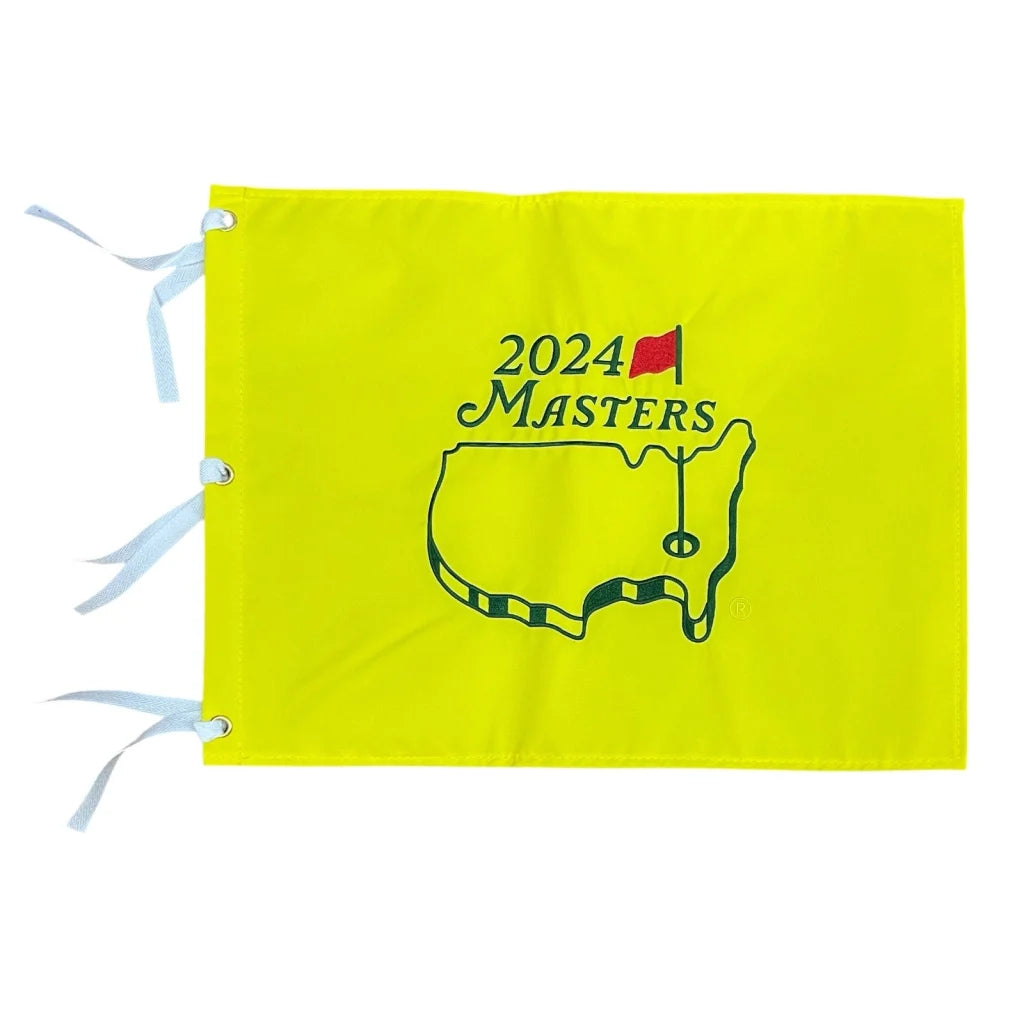 2024 Masters pin flag yellow with black design and white ribbons