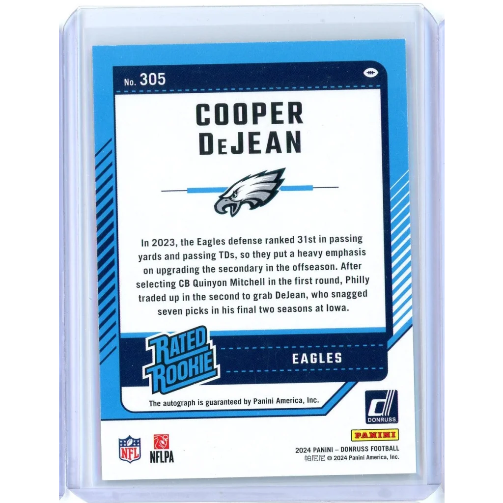 2024 Panini Donruss Press Proof Green Cooper DeJean #305 Auto Rookie RC Football Card | Certified Authentic Signed Memorabilia | vintageantiquesgifts.com