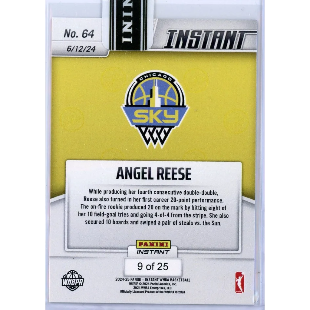 Back of Angel Reese Panini Instant WNBA card numbered 9/25 with third party authentication