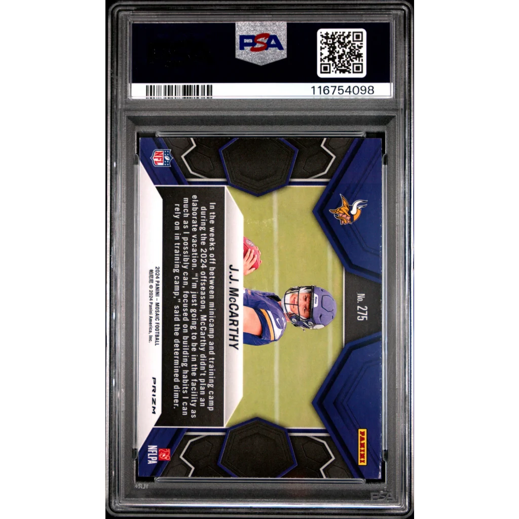 2024 Panini Mosaic JJ McCarthy #275 Reactive Blue Rookie RC Football Card PSA 10 Gem Mint | PSA 10 Gem Mint Graded Rookie Card | vintageantiquesgifts.com