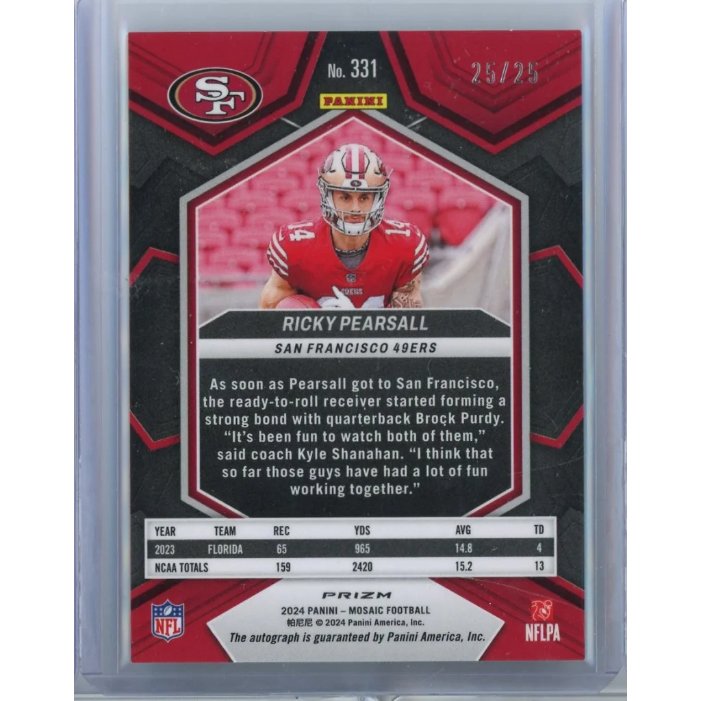 2024 Panini Mosaic Ricky Pearsall #331 25/25 Green Auto Rookie RC Football Card