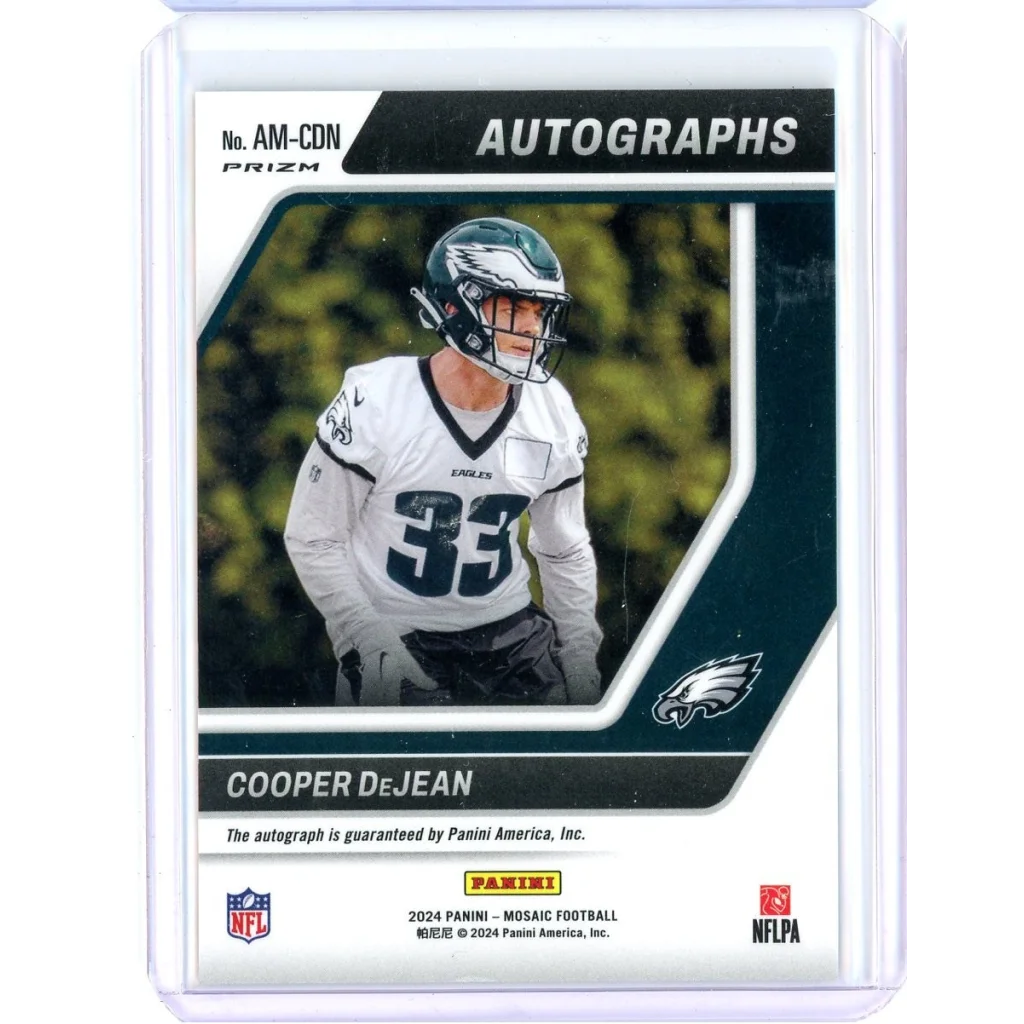 Football trading card featuring Cooper DeJean in Eagles uniform with third party authentication