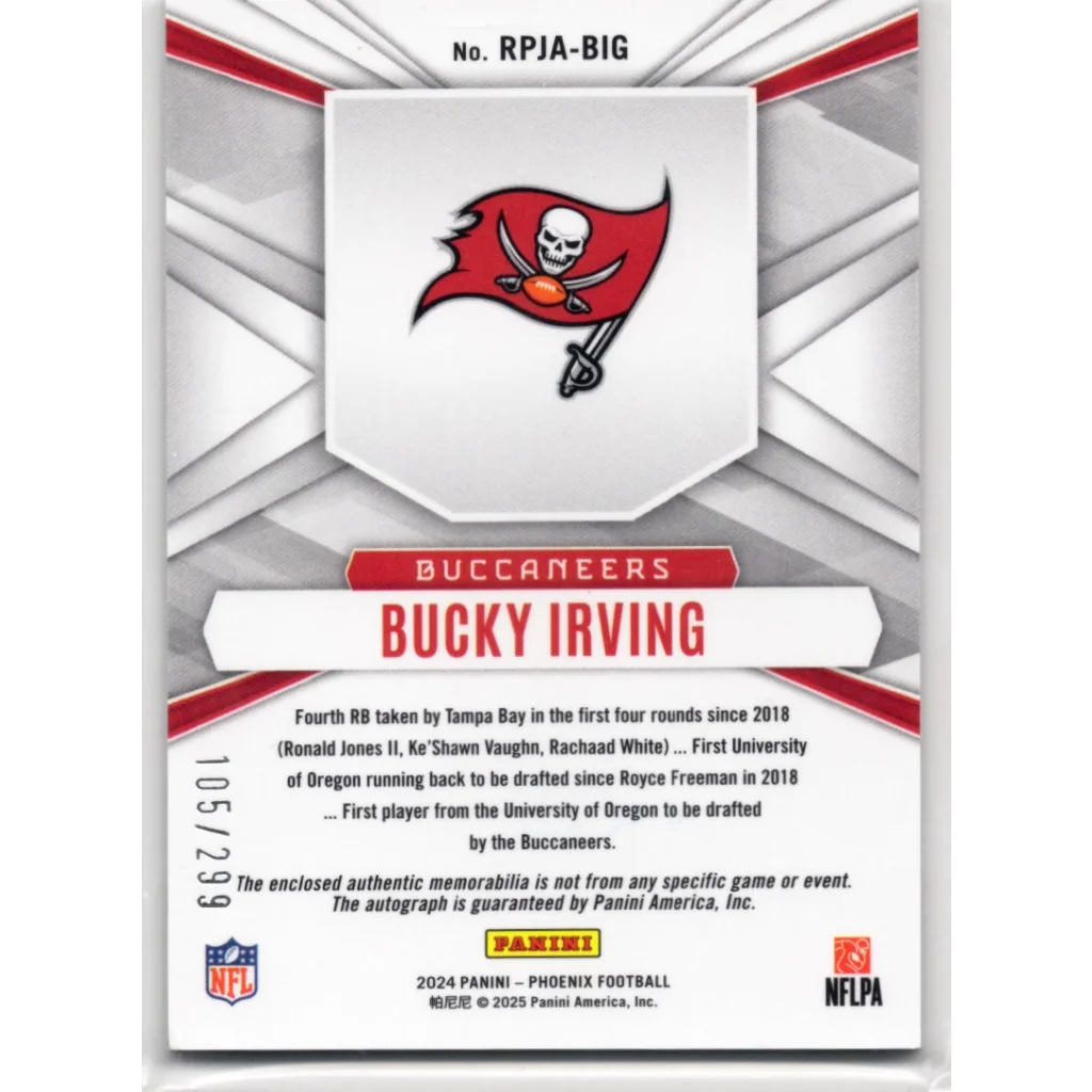 2024 Panini Phoenix Bucky Irving #RPJABIG Silver Rookie Phenom Patch Autograph /299 Rookie RC Football Card