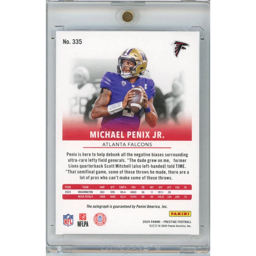 2024 Panini Prestige Michael Penix Jr #335 Xtra Points Auto Atlanta Falcons Rookie RC Football Card | Certified Authentic Signed Memorabilia | vintageantiquesgifts.com