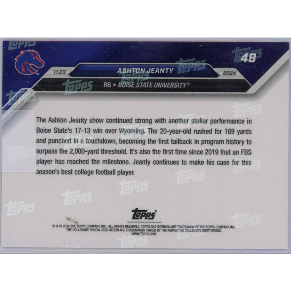 Back of Ashton Jeanty collectible football card with third party authentication