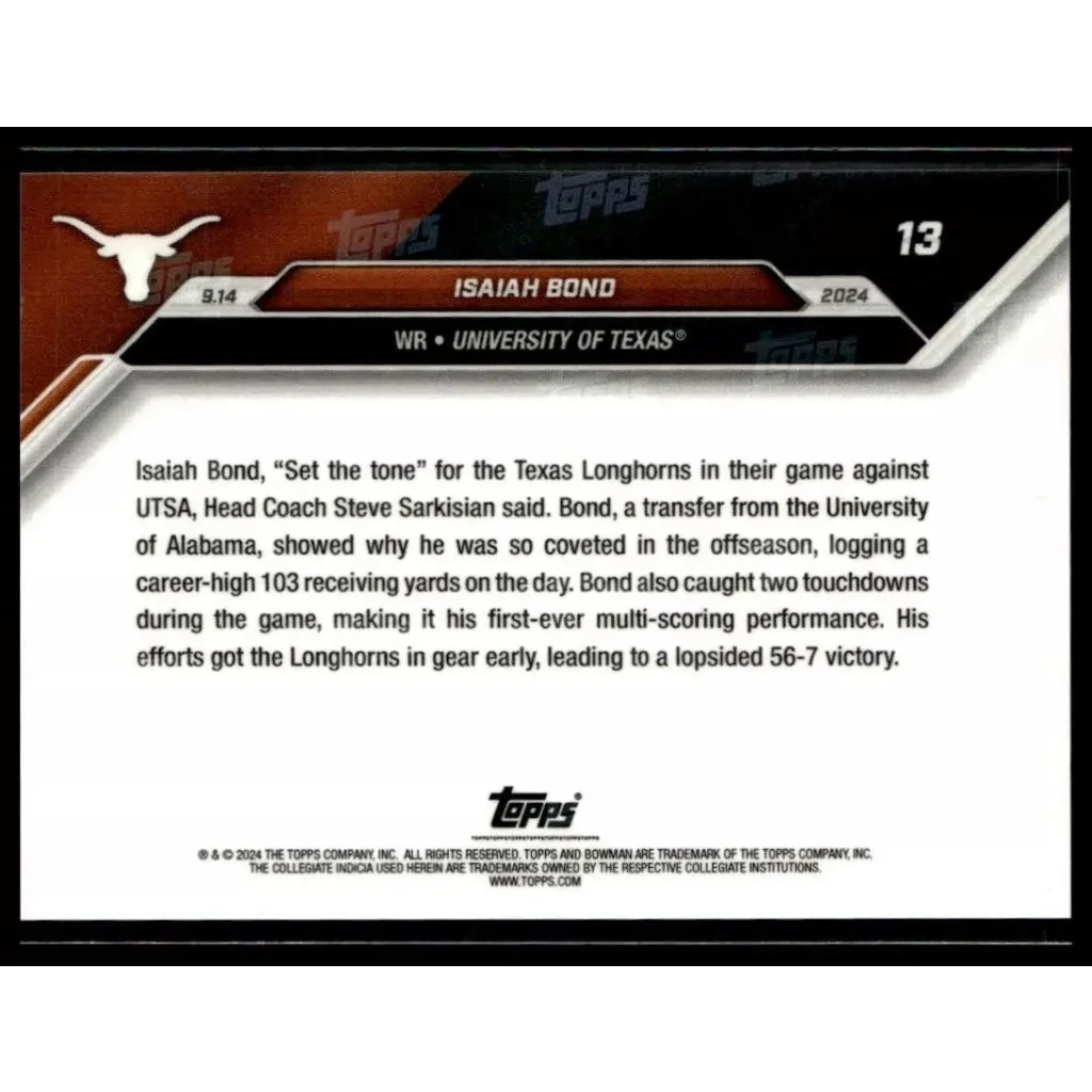 2024 Topps Bowman U Now Isaiah Bond #13 Blue #/49 Texas Longhorns Football Card | Limited Edition /49 Blue Football Card | vintageantiquesgifts.com