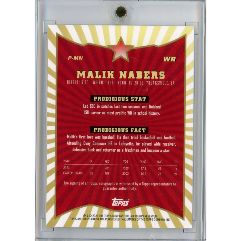 Football trading card of Topps Finest Malik Nabers Autograph Rookie with third party authentication