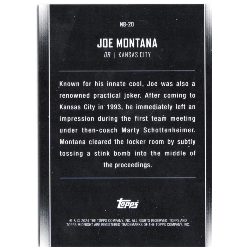 2024 Topps Midnight Joe Montana #NB20 Nightball Dusk /75 Football Card