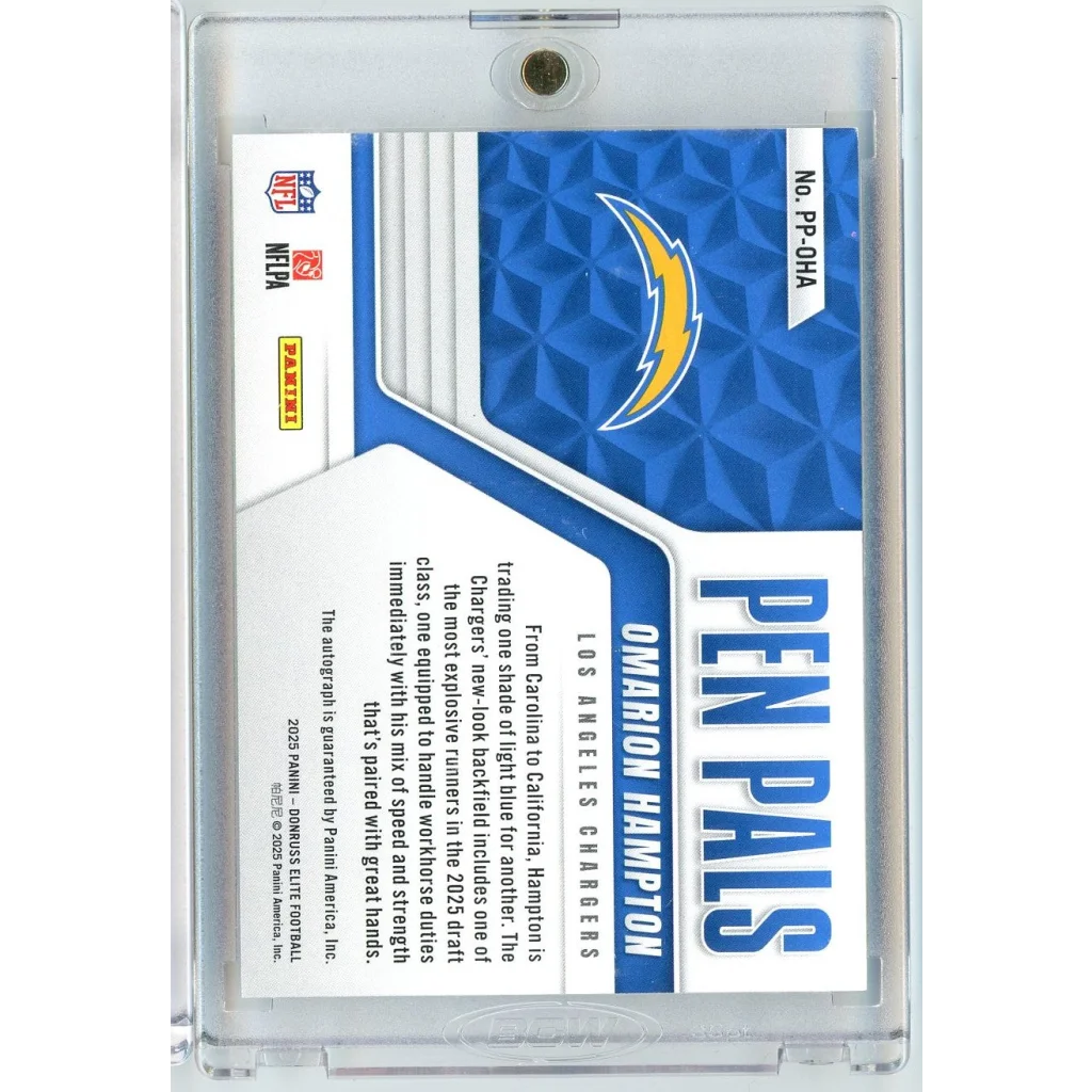 2025 Donruss Elite Pen Pals Omarion Hampton #PPOHA Purple Auto Rookie RC Football Card | Certified Authentic Signed Memorabilia | vintageantiquesgifts.com