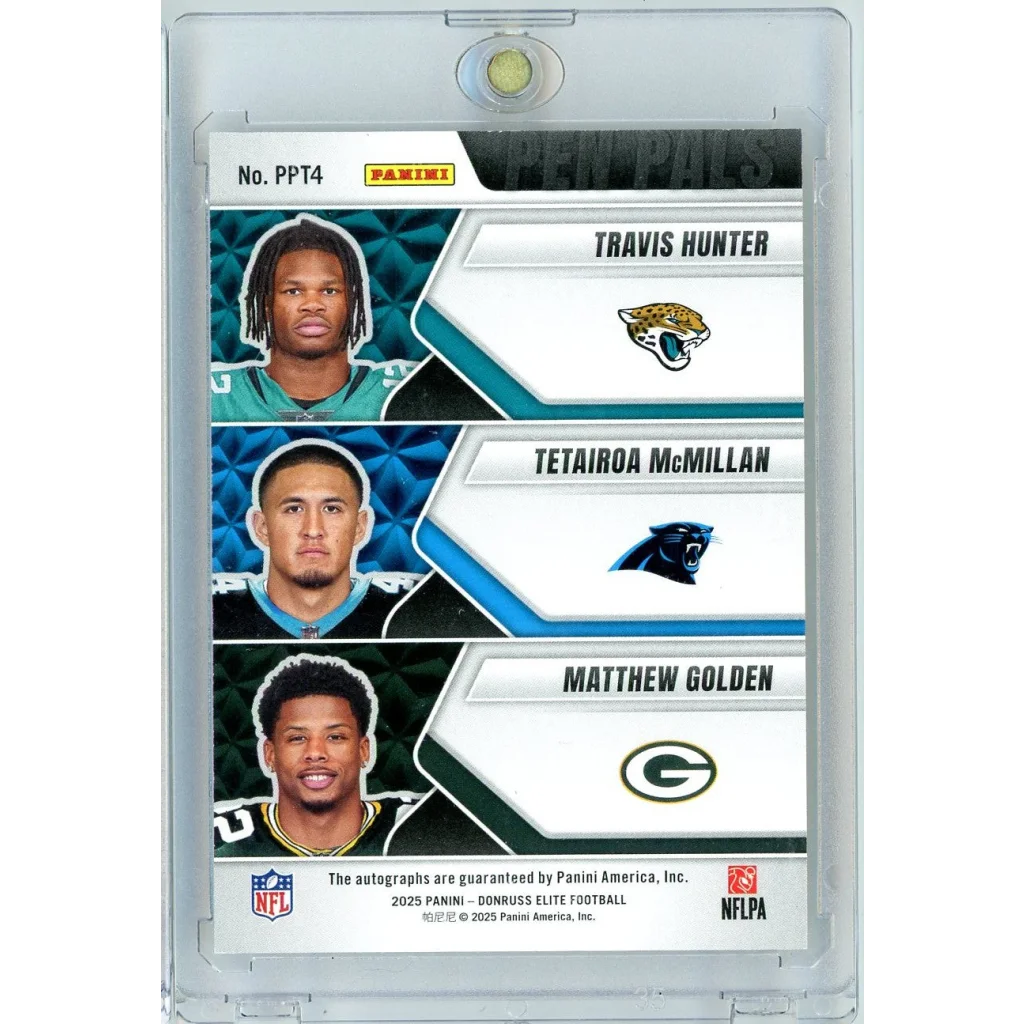 2025 Donruss Elite Pen Pals Travis Hunter/Tetairoa McMillan/Matthew Golden #PPT4 Triple Auto Rookie RC Football Card