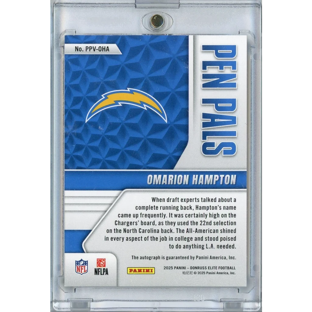2025 Donruss Elite Pen Pals Vertical Omarion Hampton #PPVOHA Black Gold Ink Auto Rookie RC Football Card