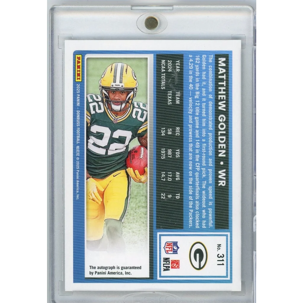 2025 Panini Donruss Matthew Golden #311 Auto /10 Green Bay Packers Rookie RC Football Card | Certified Authentic Signed Memorabilia | vintageantiquesgifts.com