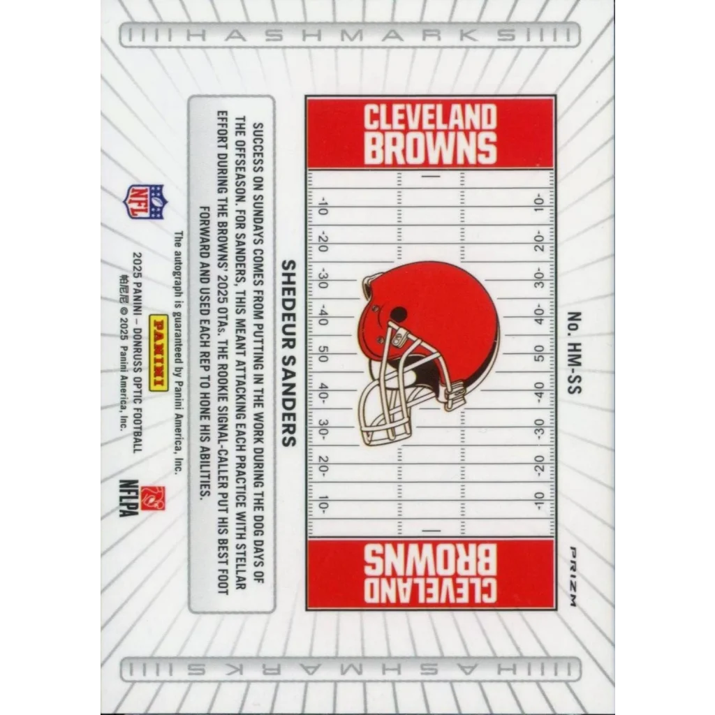 2025 Panini Donruss Optic Shedeur Sanders HM-SS Hashmarks Prizm Auto Rookie RC Football Card | Autograph Rookie RC Football Card | vintageantiquesgifts.com